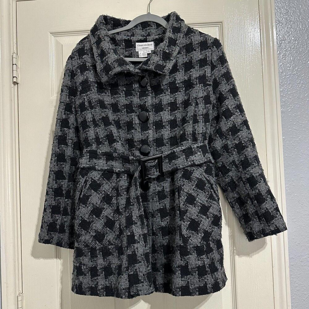 Charles Gray London Women's Belted Black/Gray Houndstooth Coat Sz L Large Jacket